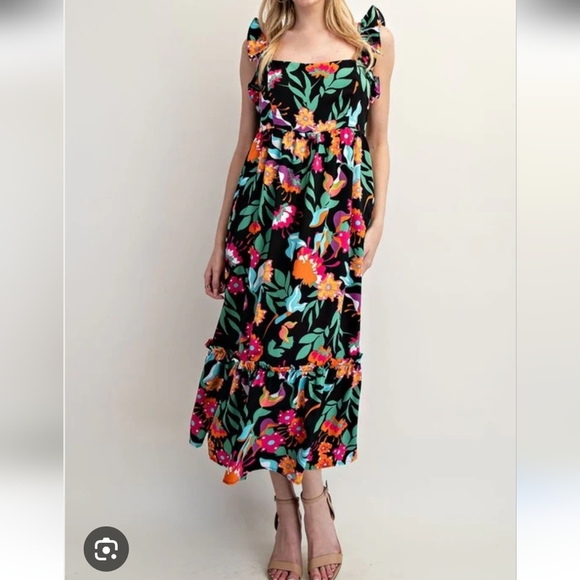 Tropical Floral Pink and Orange Sleeveless Sundress Midi Ruffled sz L - Picture 1 of 13